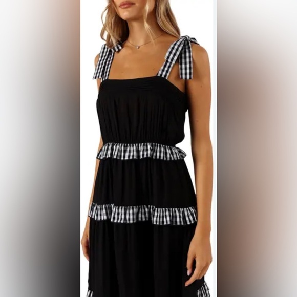 Petal & Pup Chantry Check Ruffle tie strap maxi dress, black & white, sz L, NWT - Picture 4 of 9